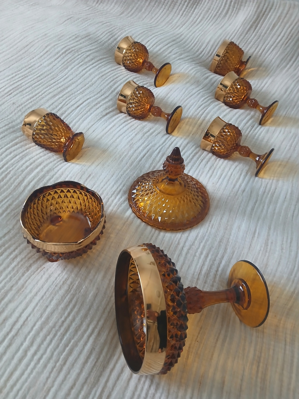 Vintage Indiana Glass Amber "Diamond Point" 9-Piece Set (22k Gold Trim)